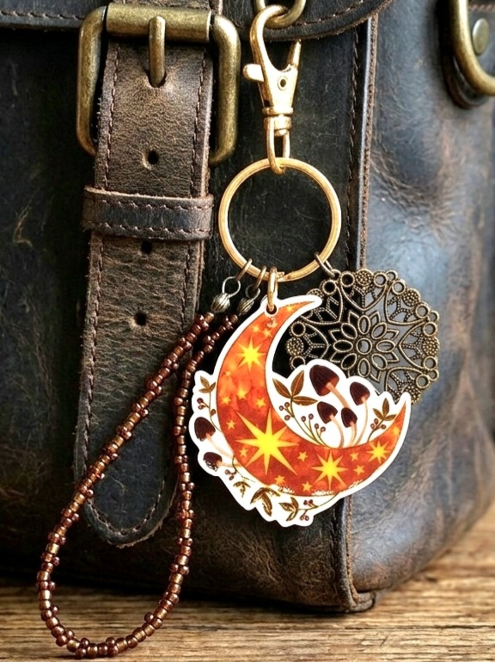 Celestial Moon Mushroom Bronze Metal Mandala Charm Beaded Wristlet Keychain